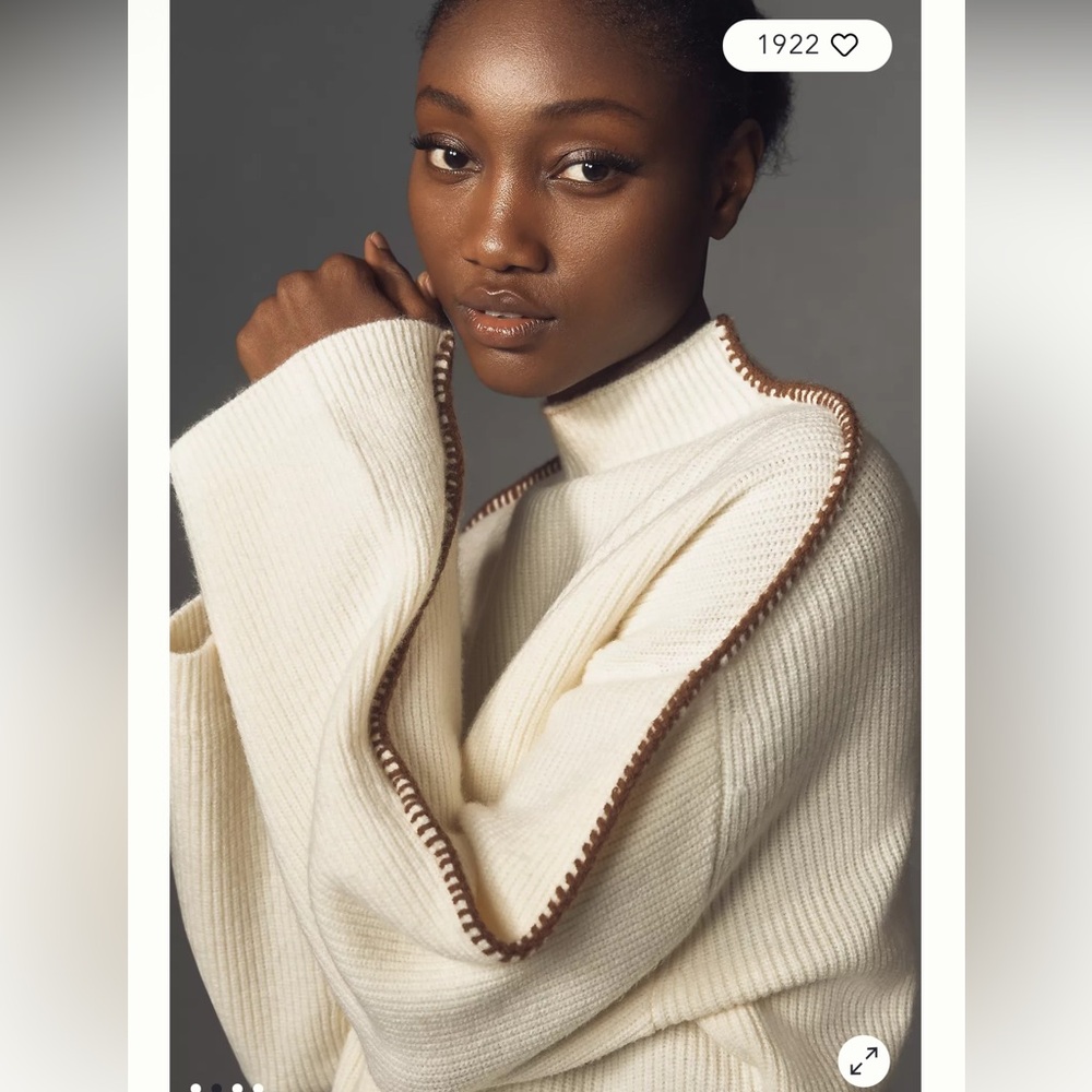 By Anthropologie Ivory Ribbed Knit Mock-Neck Whipstitch Sweater